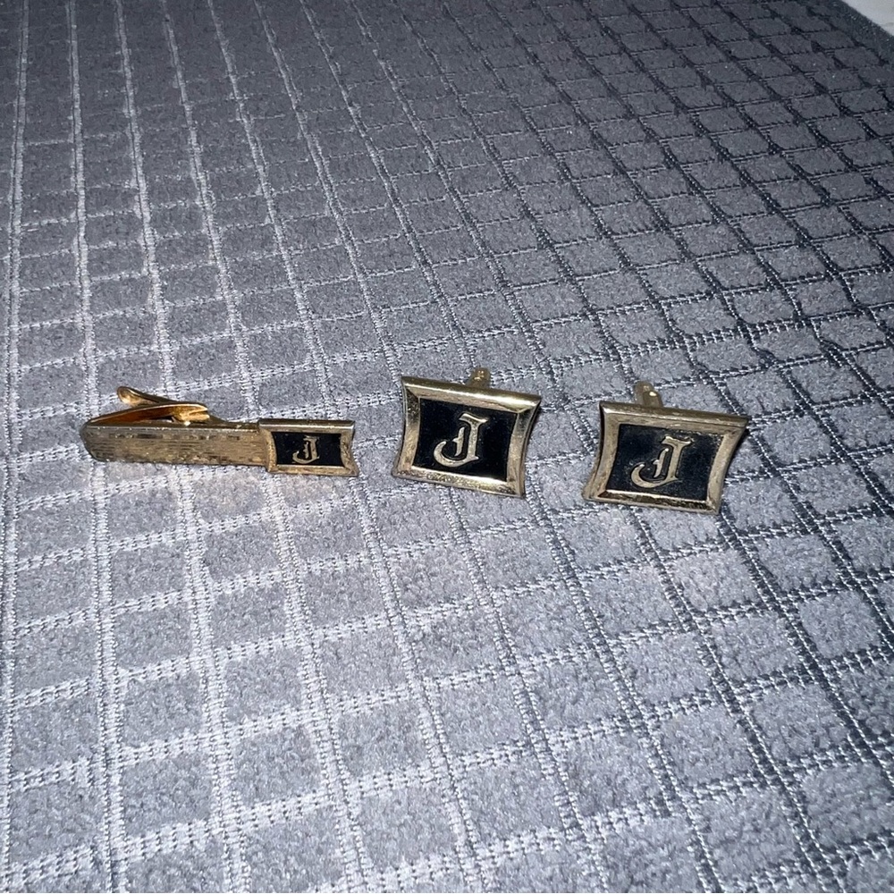 Old English Vintage J Letter Name Initial Cuff Links Tie Set Black Gold Hickok